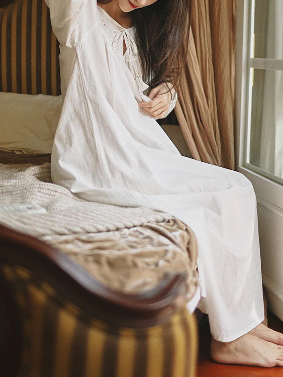 Blossom Embroidery White Cotton Nightgown