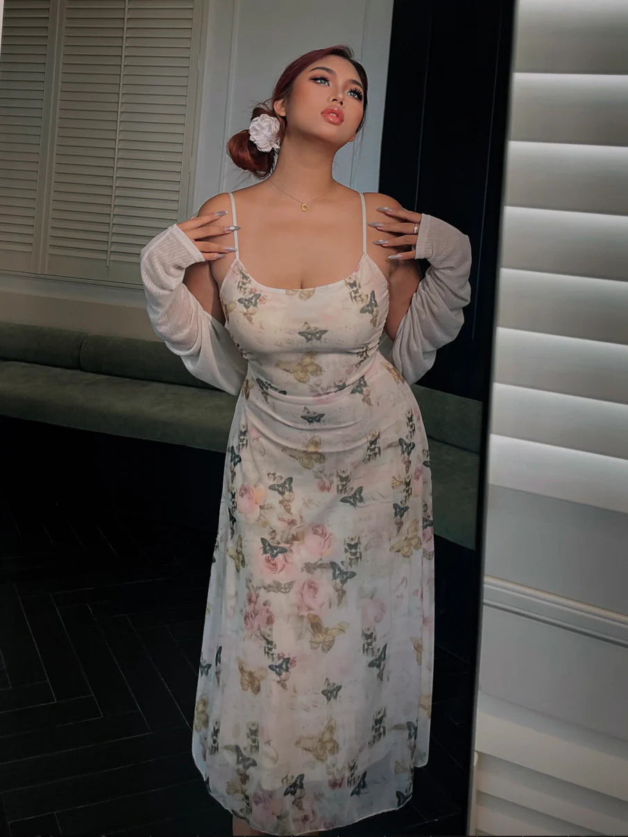 Butterfly Garden Sheer Slip Dress & Cardigan