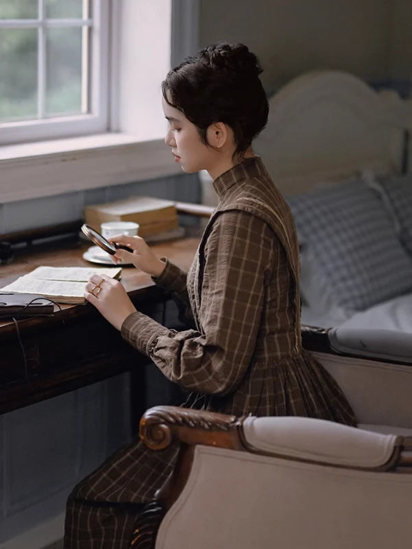 Victorian Plaid High-Neck Lace Trim Dress