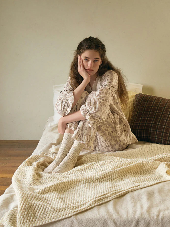 Brown Ribbon Lace Flannel Pajama Set