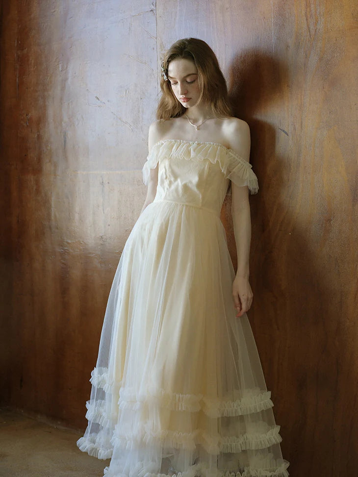 Ivory Tulle Ruffle Off-Shoulder Dress