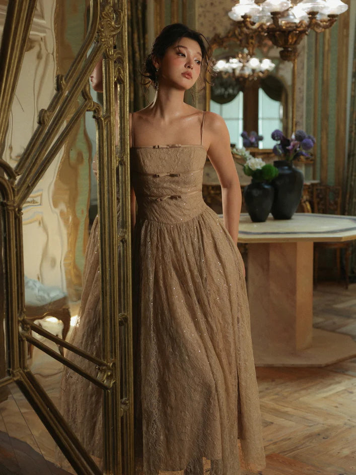Champagne Lace Bow Evening Dress