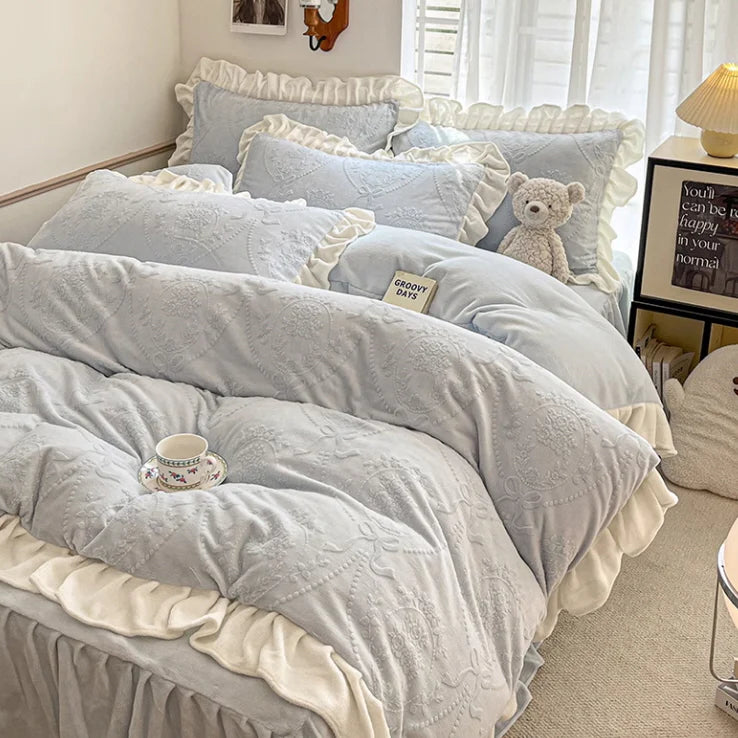 Princess Ruffled Light Blue Velvet Bedding Set