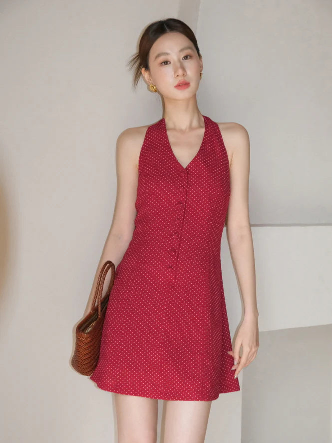 Cherry Ribbon Polka Dot Halter Dress