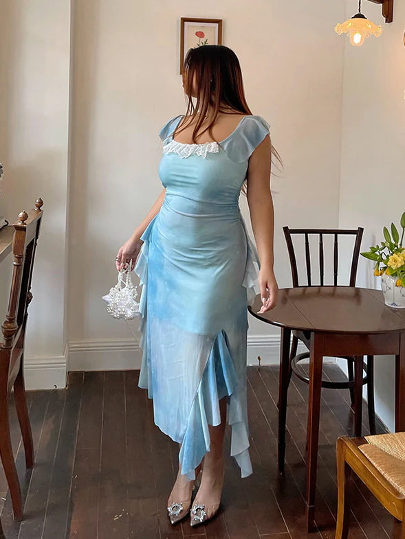 Sky Ruffle Mesh Dress with Bow