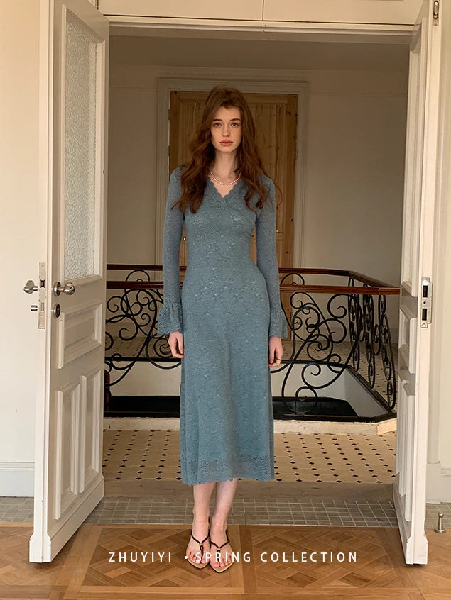 Sapphire Lace Bell Sleeve Dress