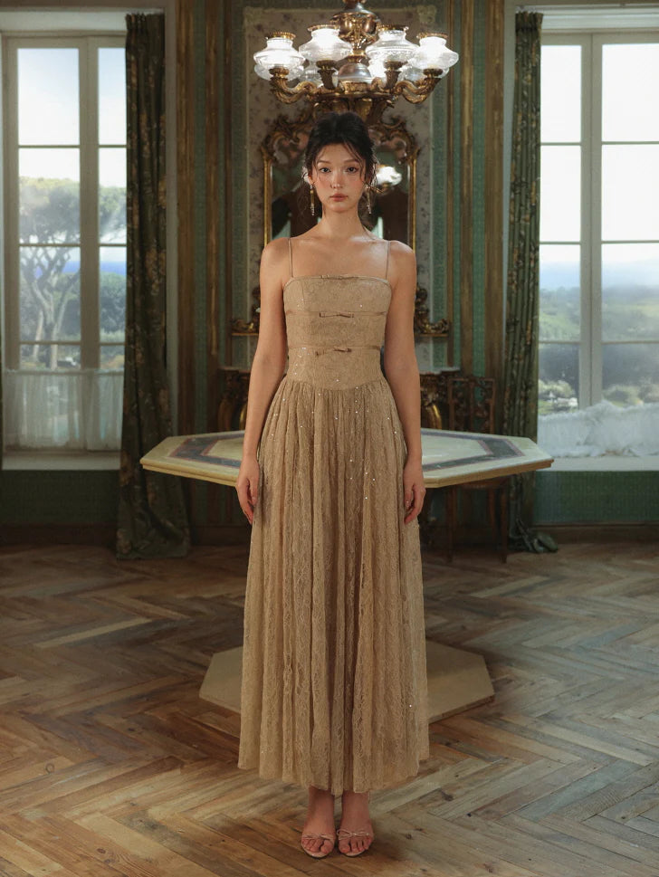 Champagne Lace Bow Evening Dress