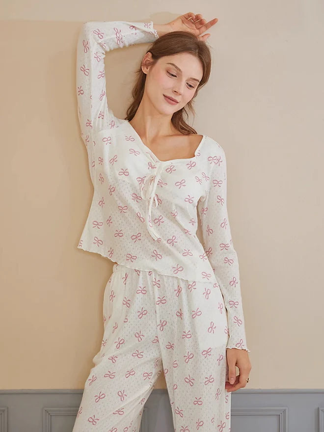 Pink Bow Knot Print Pajama Set