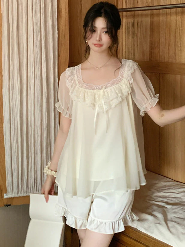Blush Ruffle Lace Chiffon Pajama Set