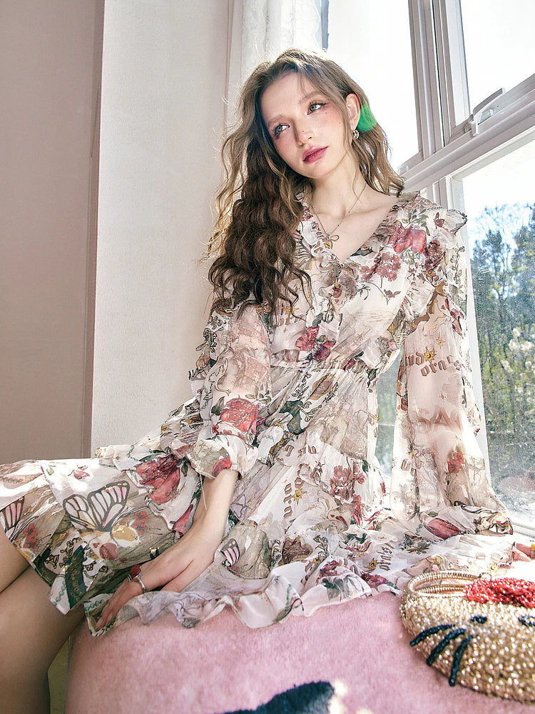 Ethereal Garden Ruffle Chiffon Dress