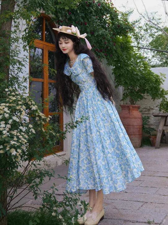 Blue Garden Bloom Vintage Dress