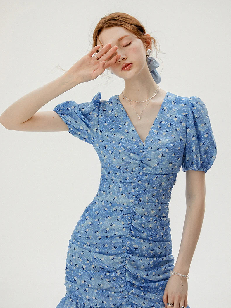Blue Blossom Ruched Dress