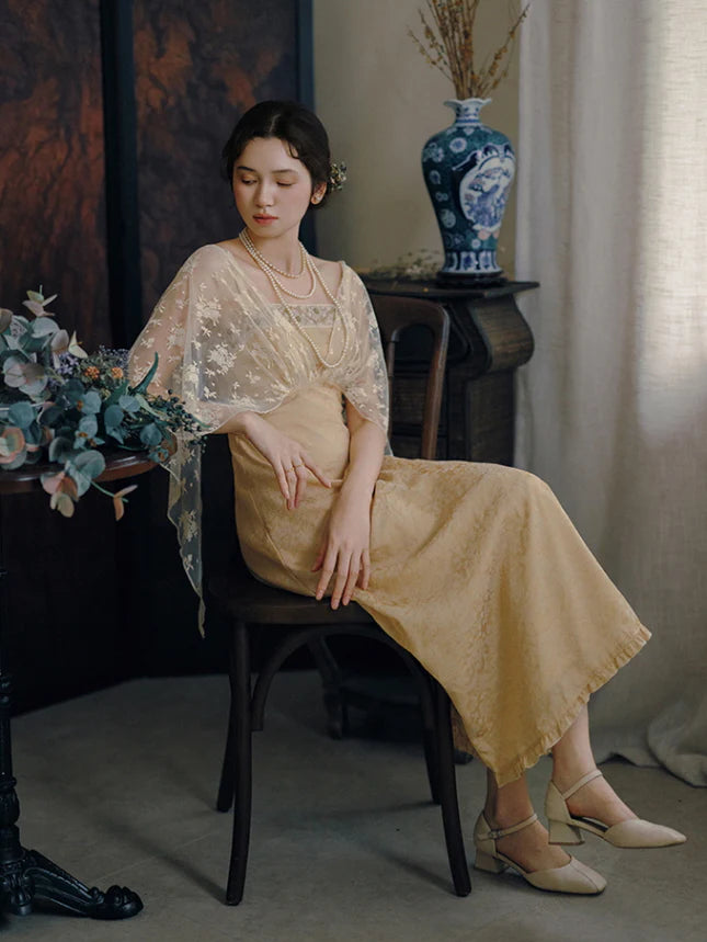 Golden Bloom Lace Overlay Dress