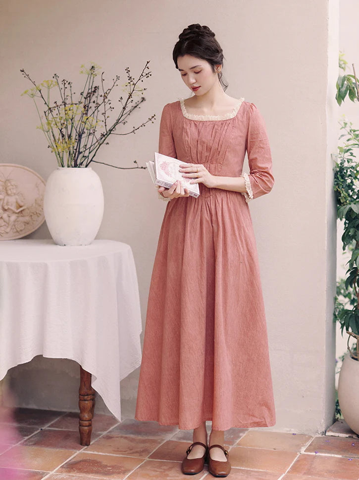 Retro Lace-Trimmed Cotton Dress
