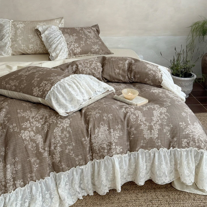 Brown Floral Lace Ruffle Bedding Set