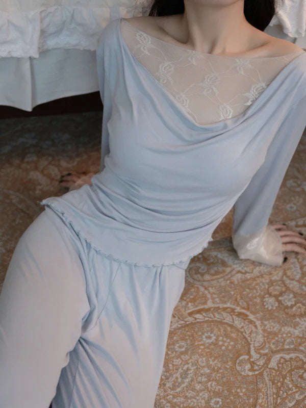 Blue Drape Rose Lace Loungewear