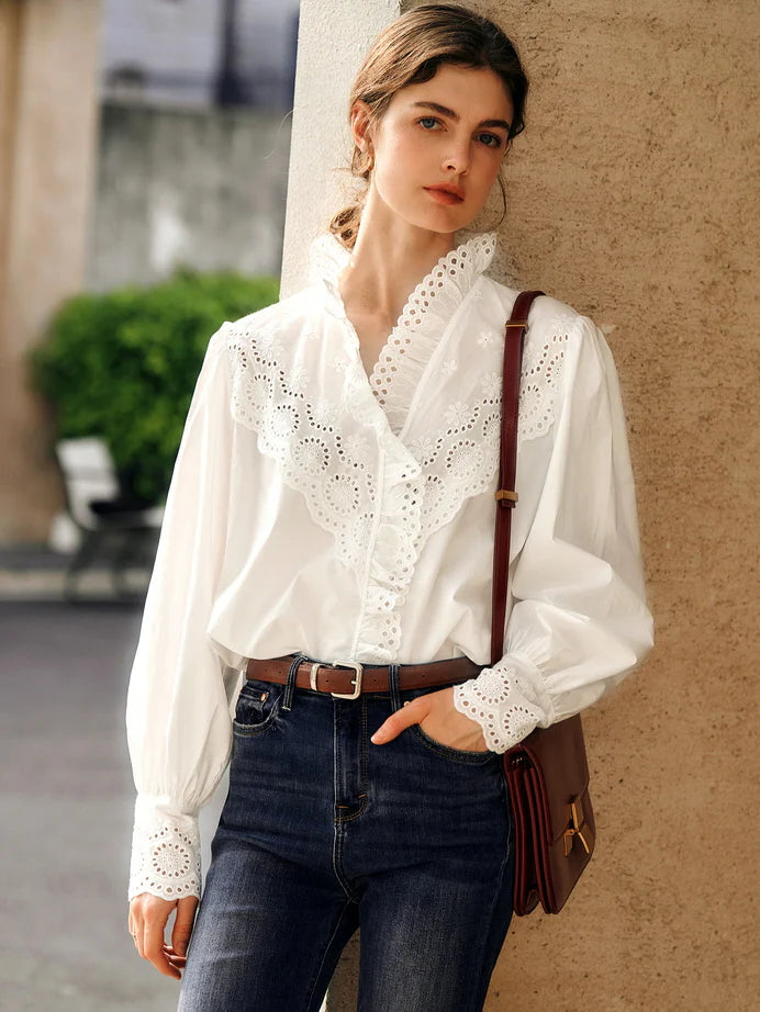 Vintage Eyelet Lace Ruffle Blouse
