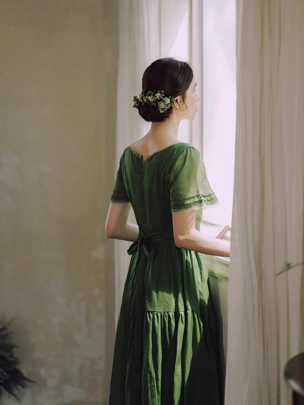 Woodland Green Bow‑Tie Dress