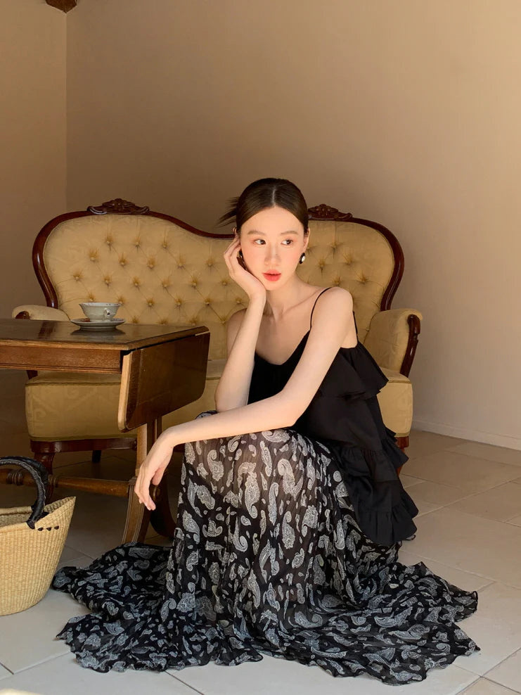 Black Ruffle Camisole & Paisley Maxi Skirt