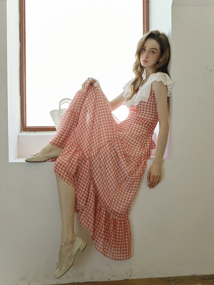 Red Gingham Off-Shoulder Frill Dress