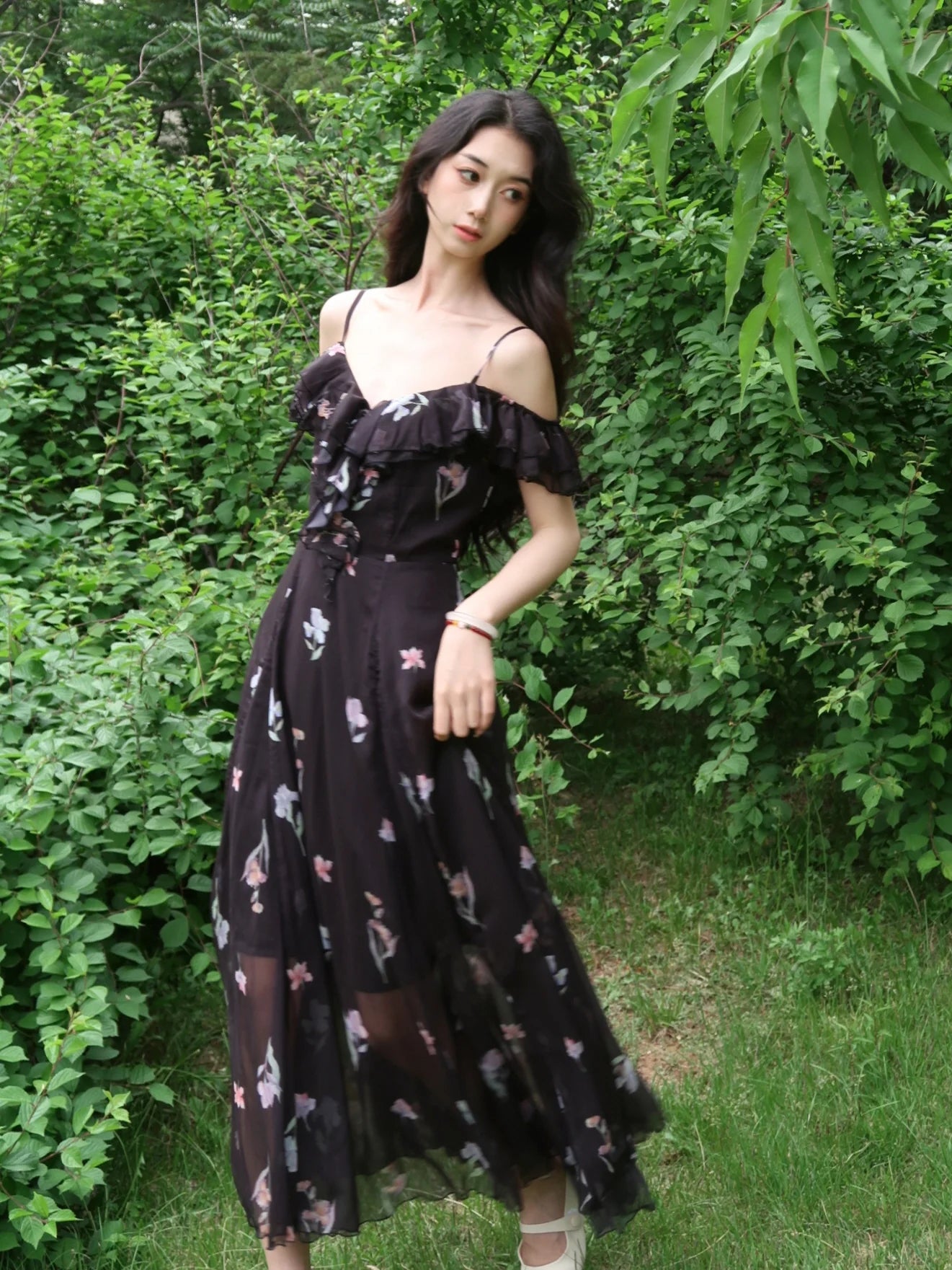 Black Blossom Off-Shoulder Dress