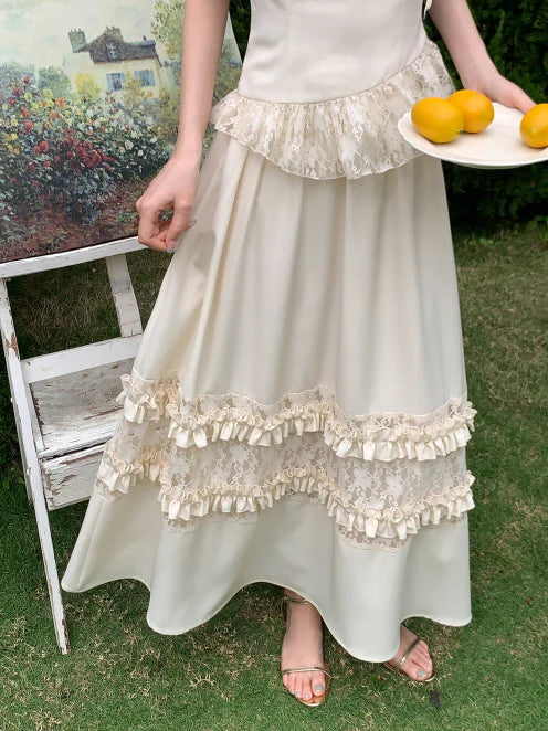 Ivory Ribbon Shoulder Ruffle Top & Skirt