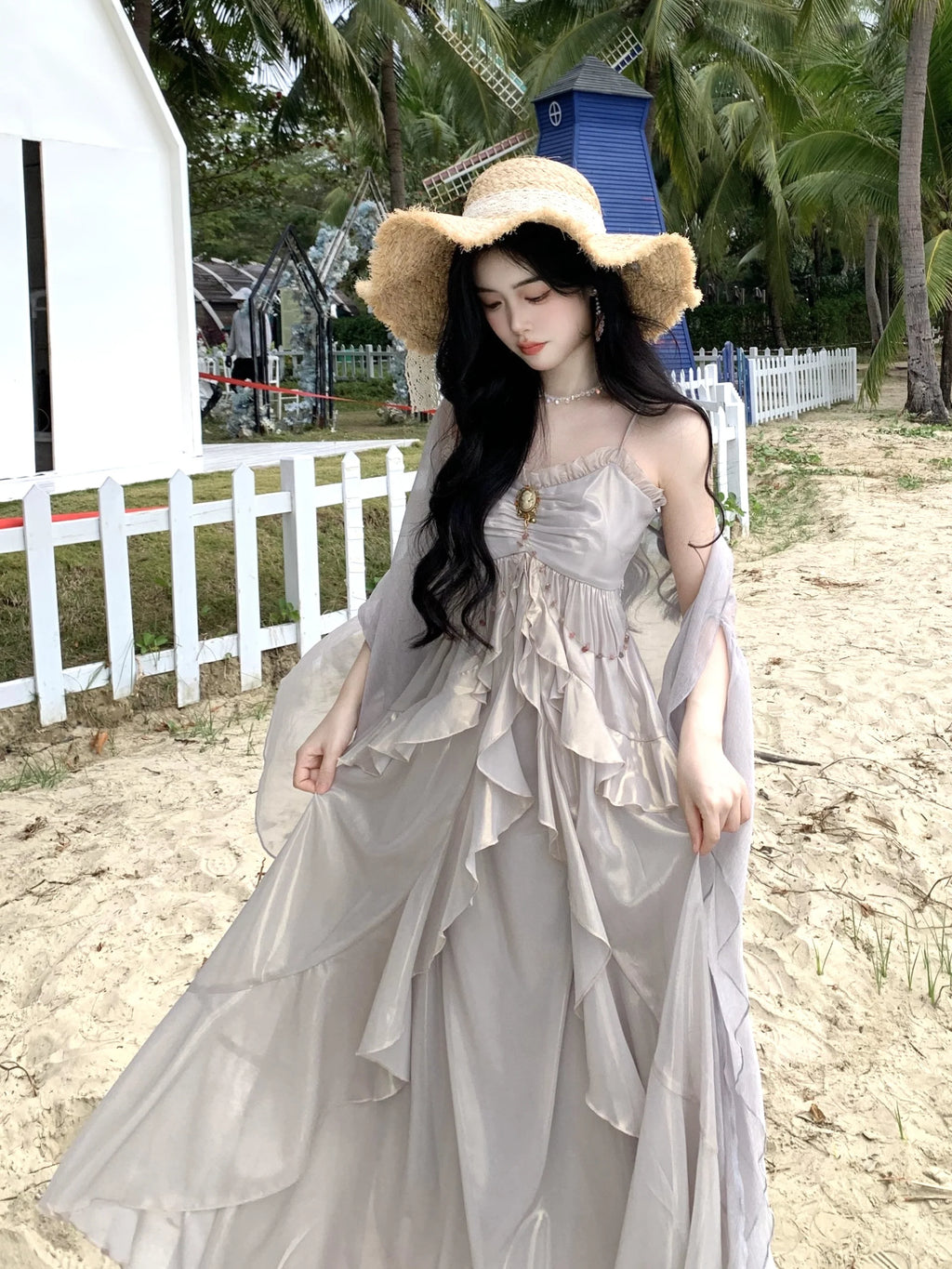 Vintage Brooch Elegance Ruffled Gown