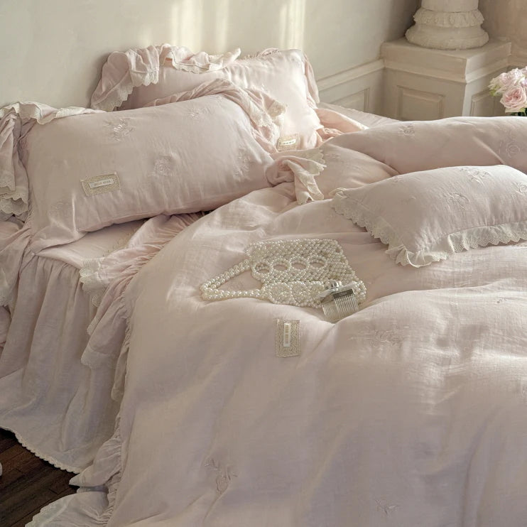 Pink Rose Embroidered Ruffle Bedding Set