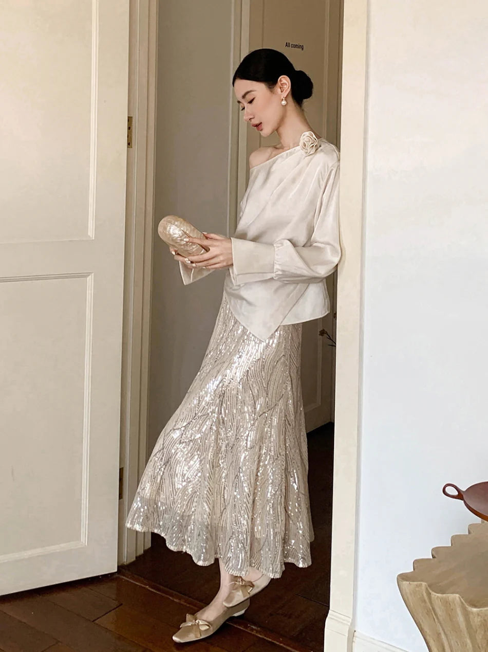 Champagne Sequin A-Line Skirt