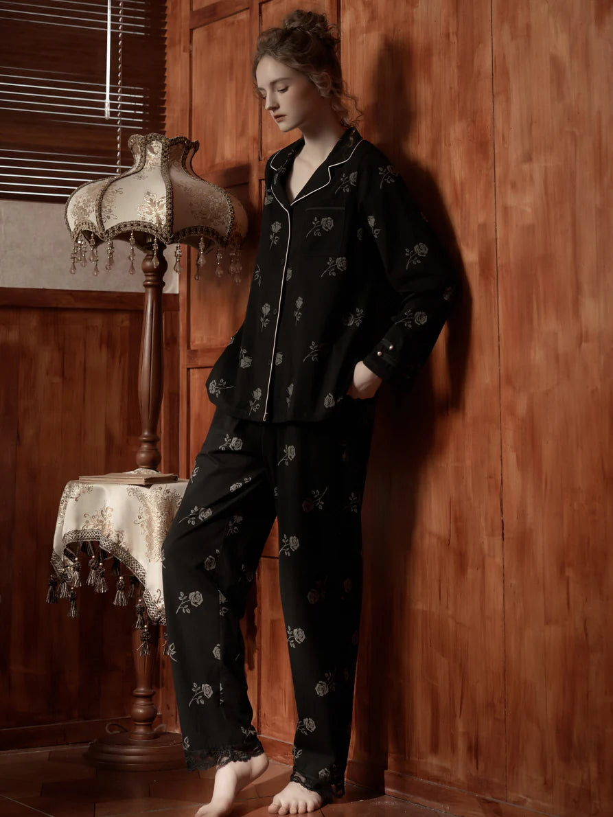 Vintage Rose Embroidered Pajama Set