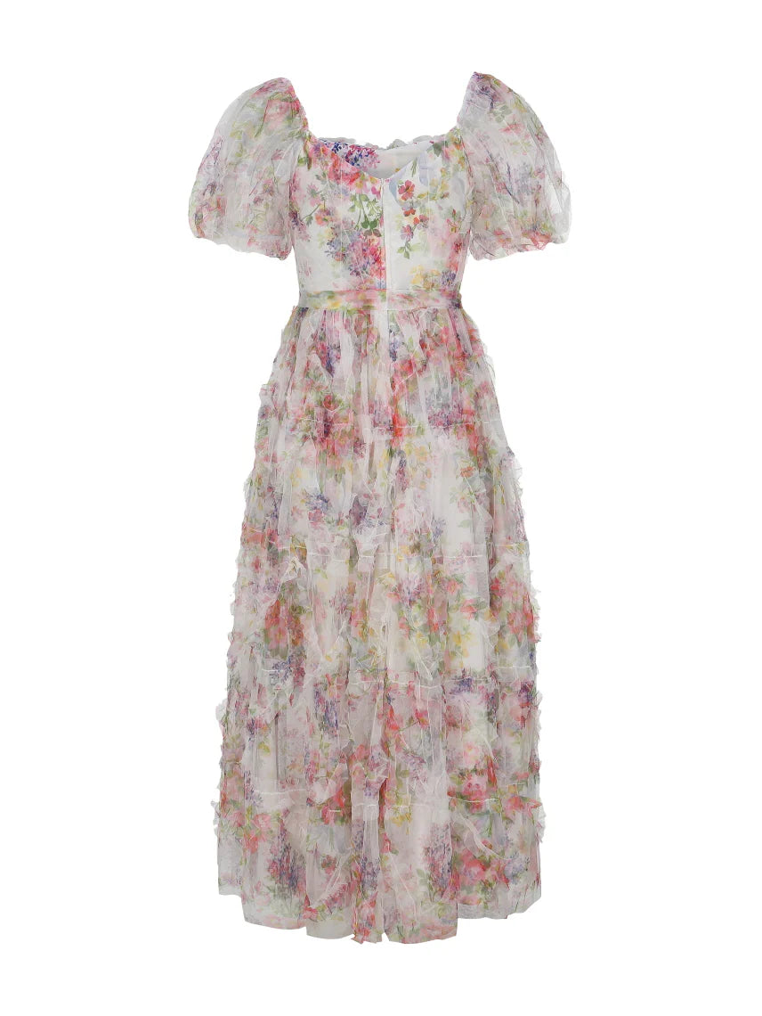 Blossom Whispers Ruffle Floral Puff Sleeve Dress