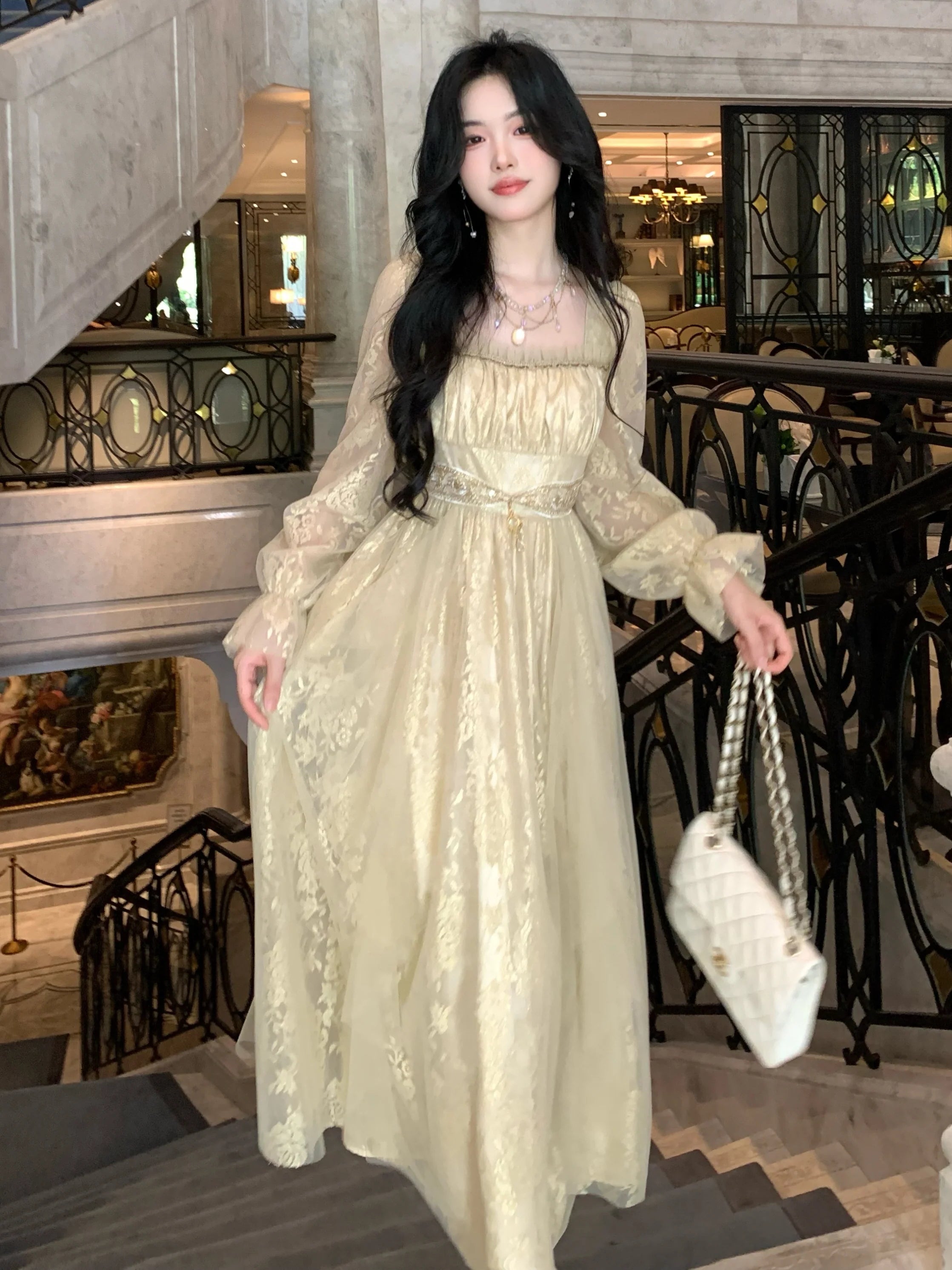 Golden Elegance Vintage Lace Dress