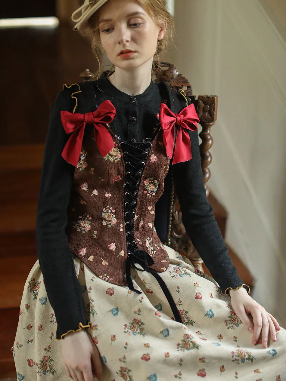 Floral Velvet Corset with Ribbon Accents