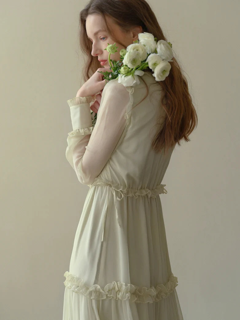 Soft Cream Ruffle Tiered Sheer Dress