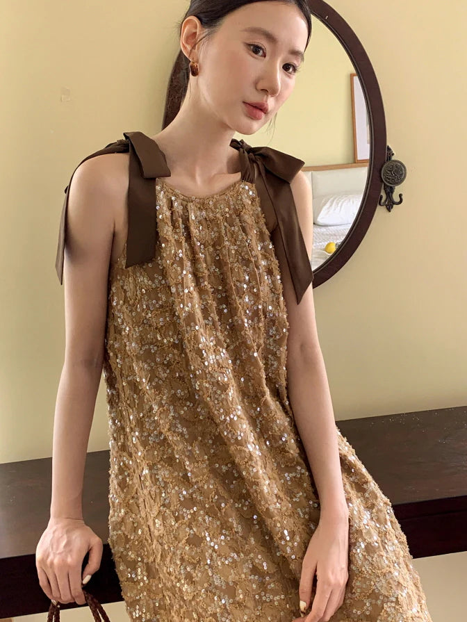 Golden Sequin Ribbon Strap Dress