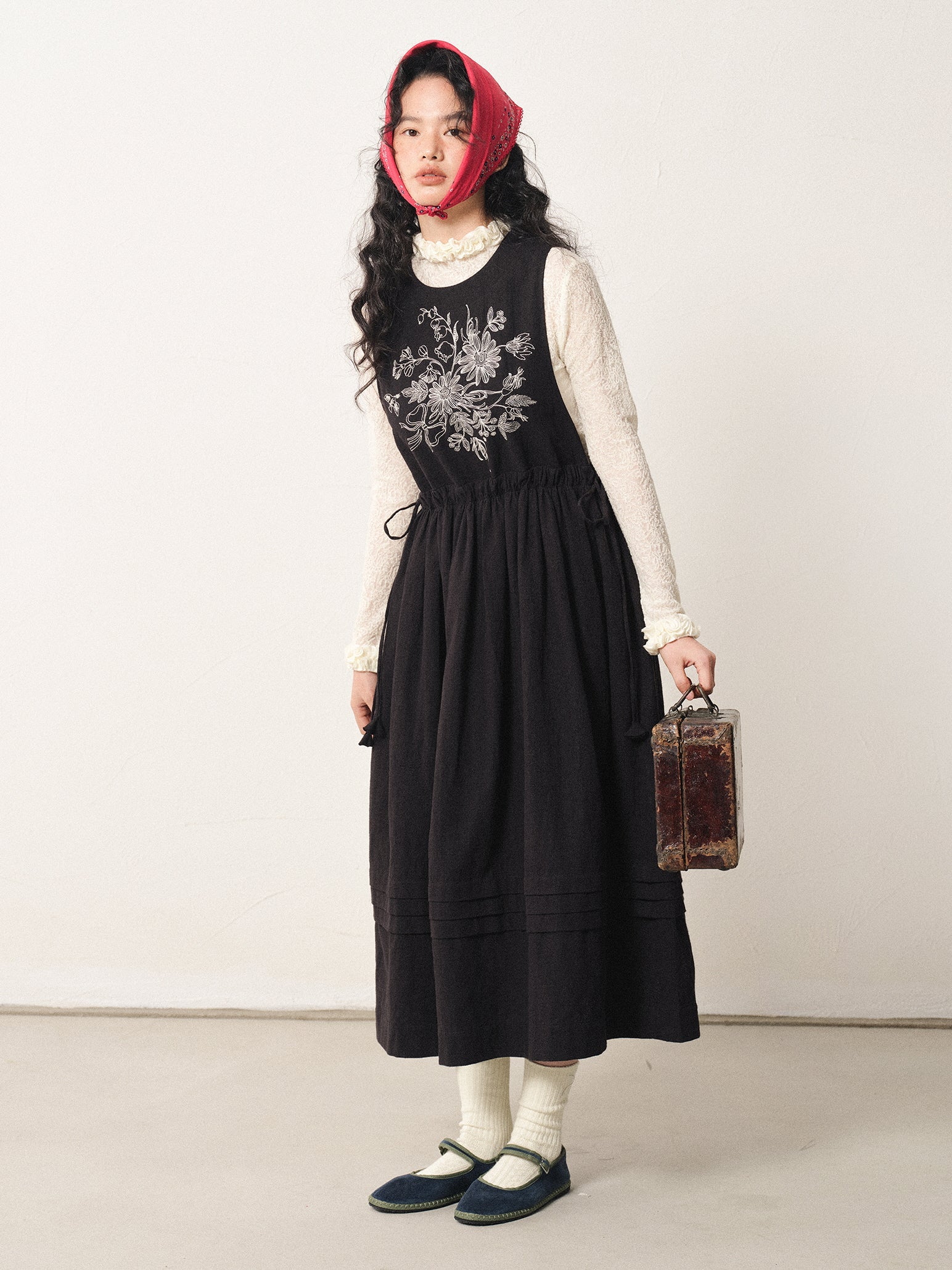 Floral Embroidered Linen-Cotton Pinafore Dress