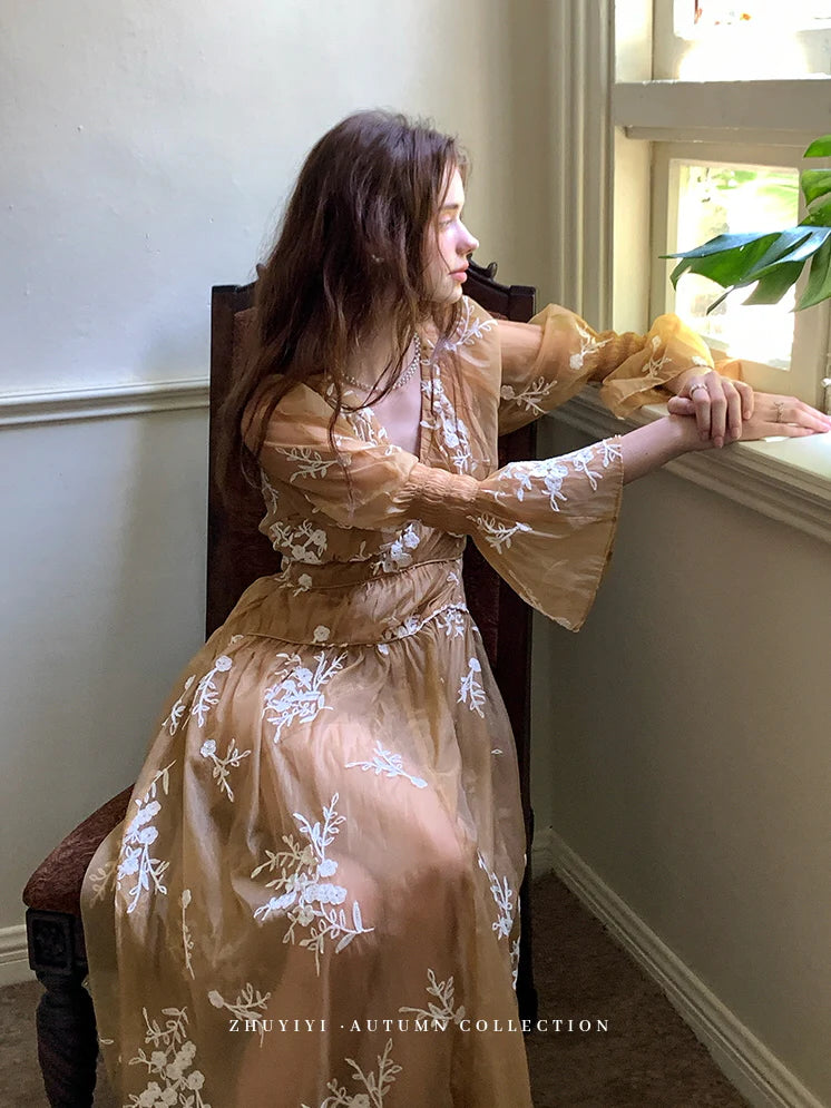 Golden Bloom Embroidered Sheer Dress