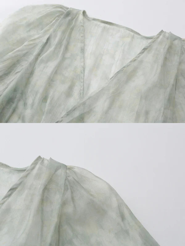 Pastel Green Floral Two-Piece Set – Sheer Cardigan & Tiered Dress