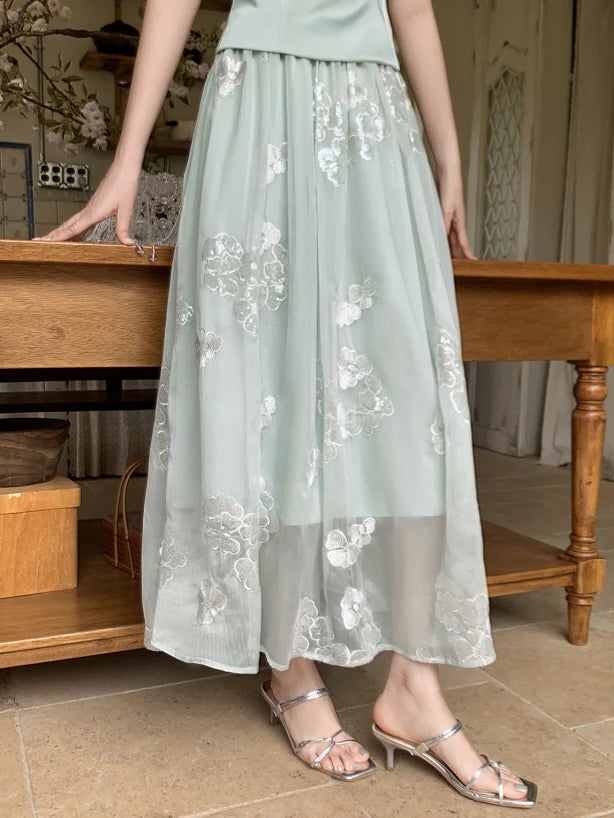 Whispering Petal Satin Top & Embroidered Tulle Skirt