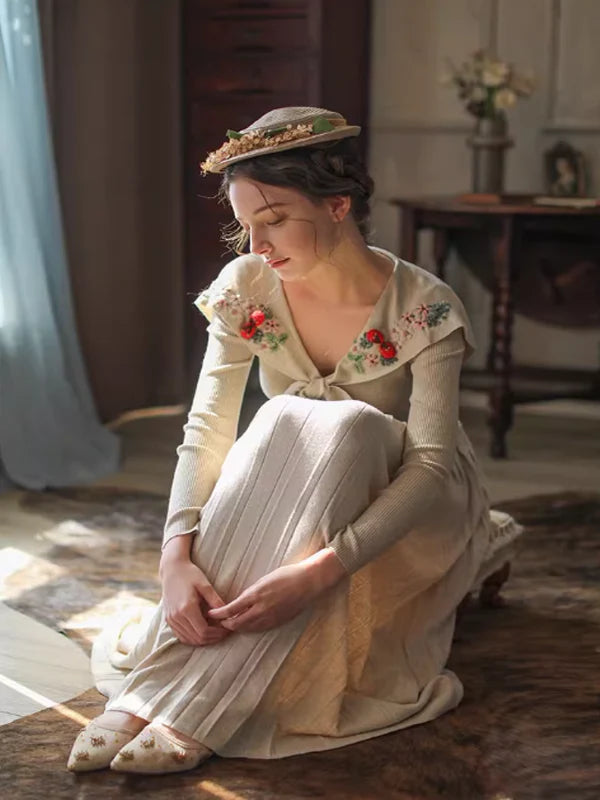 Retro Soft Knit with Floral Embroidery