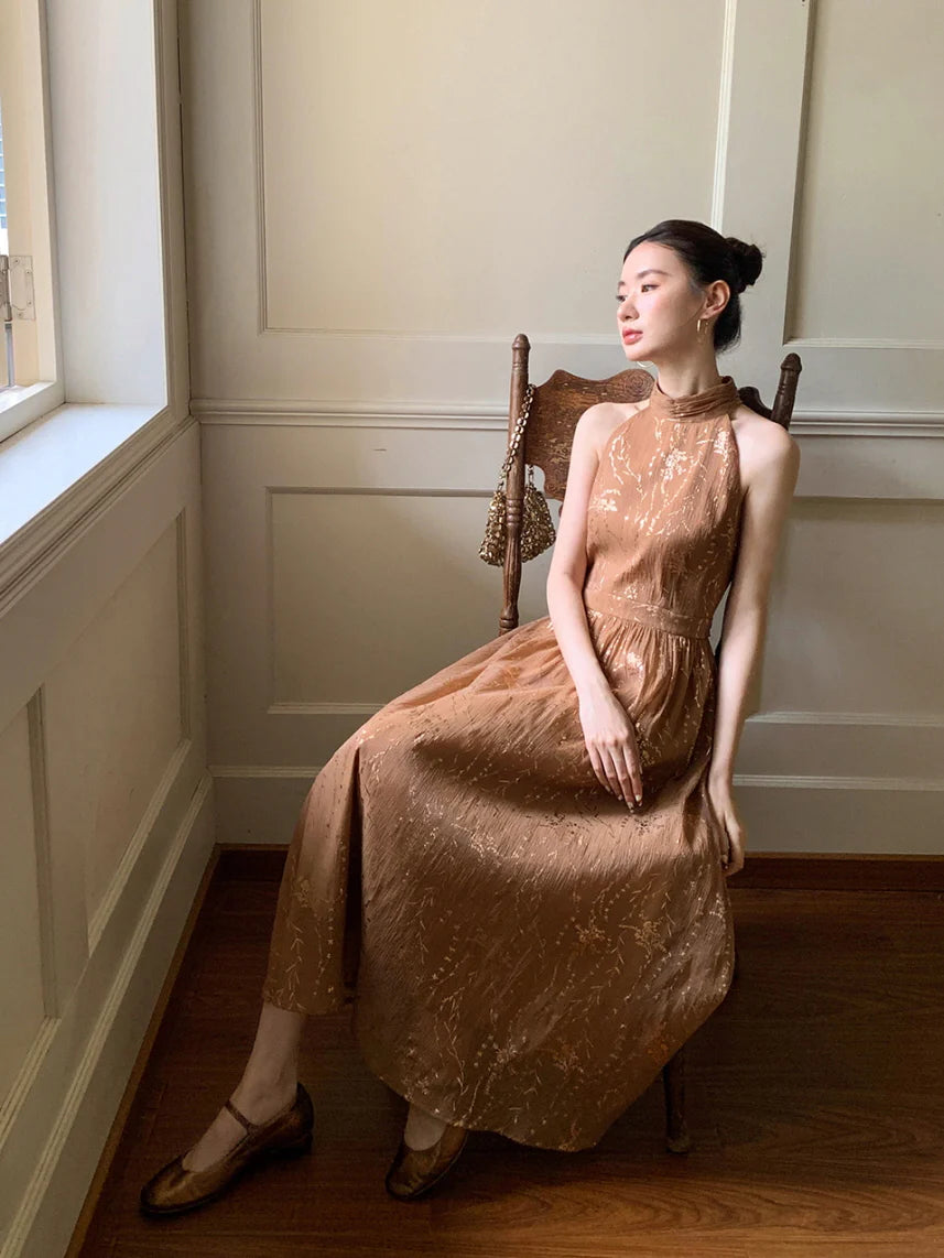 Golden Bloom Halter Dress