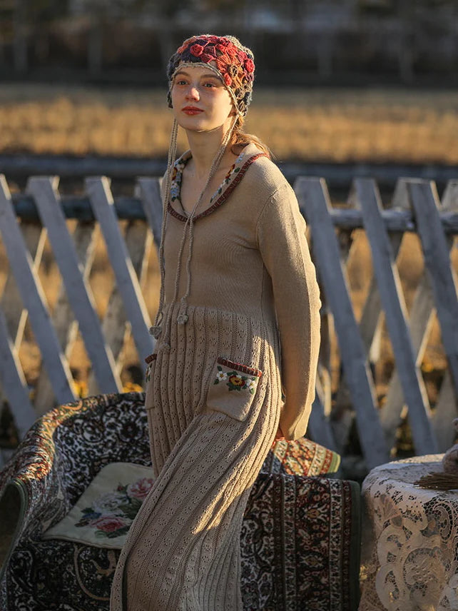 Warm Beige Elegance Floral Knit Dress