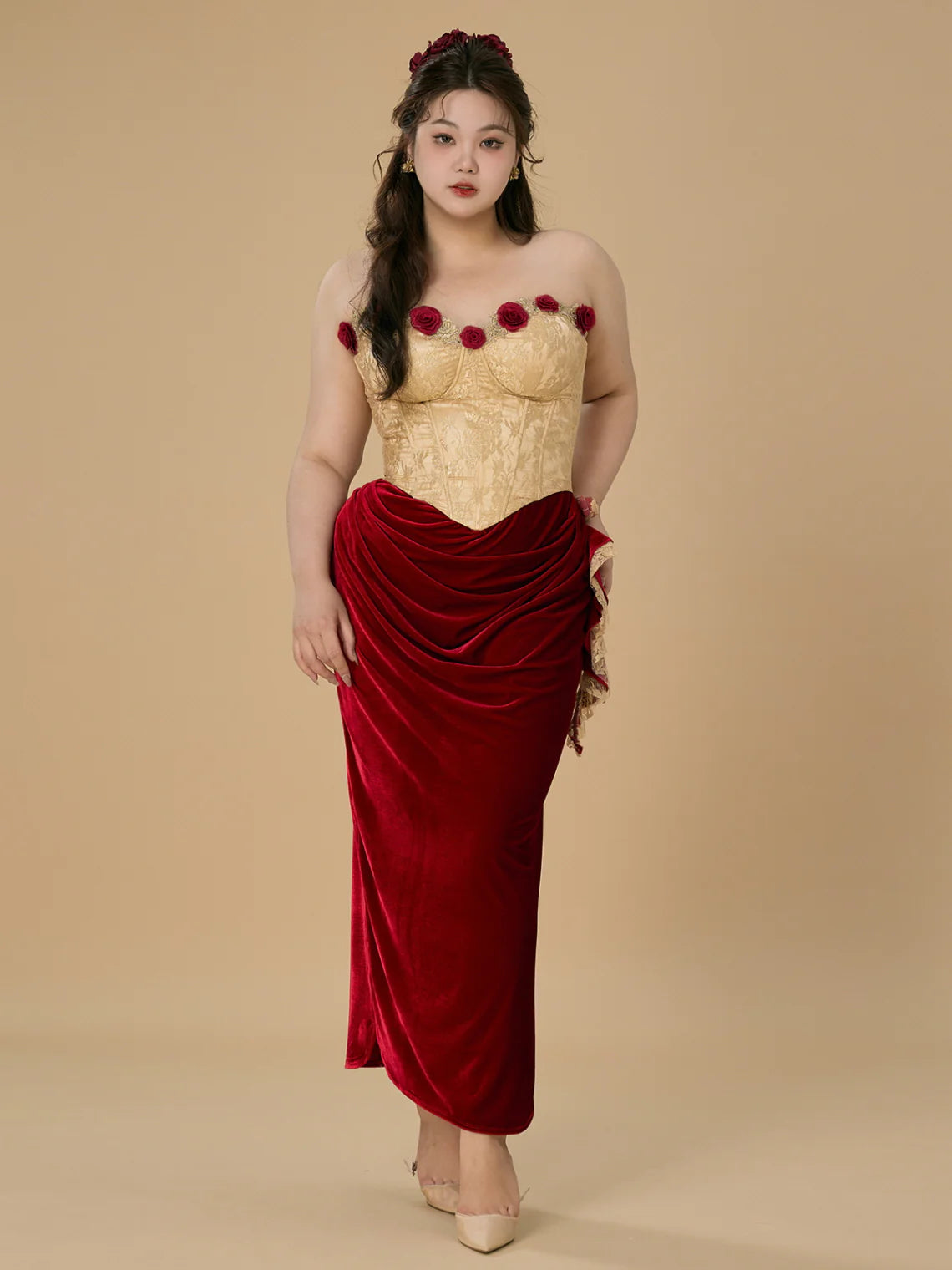 Rose Embellished Gold Corset Velvet Dress