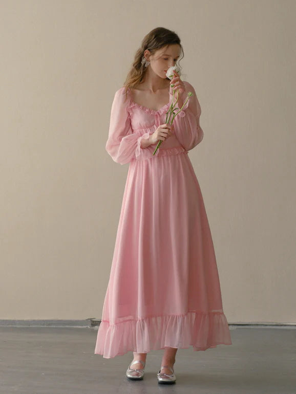 Blush Petal Frill Chiffon Dress