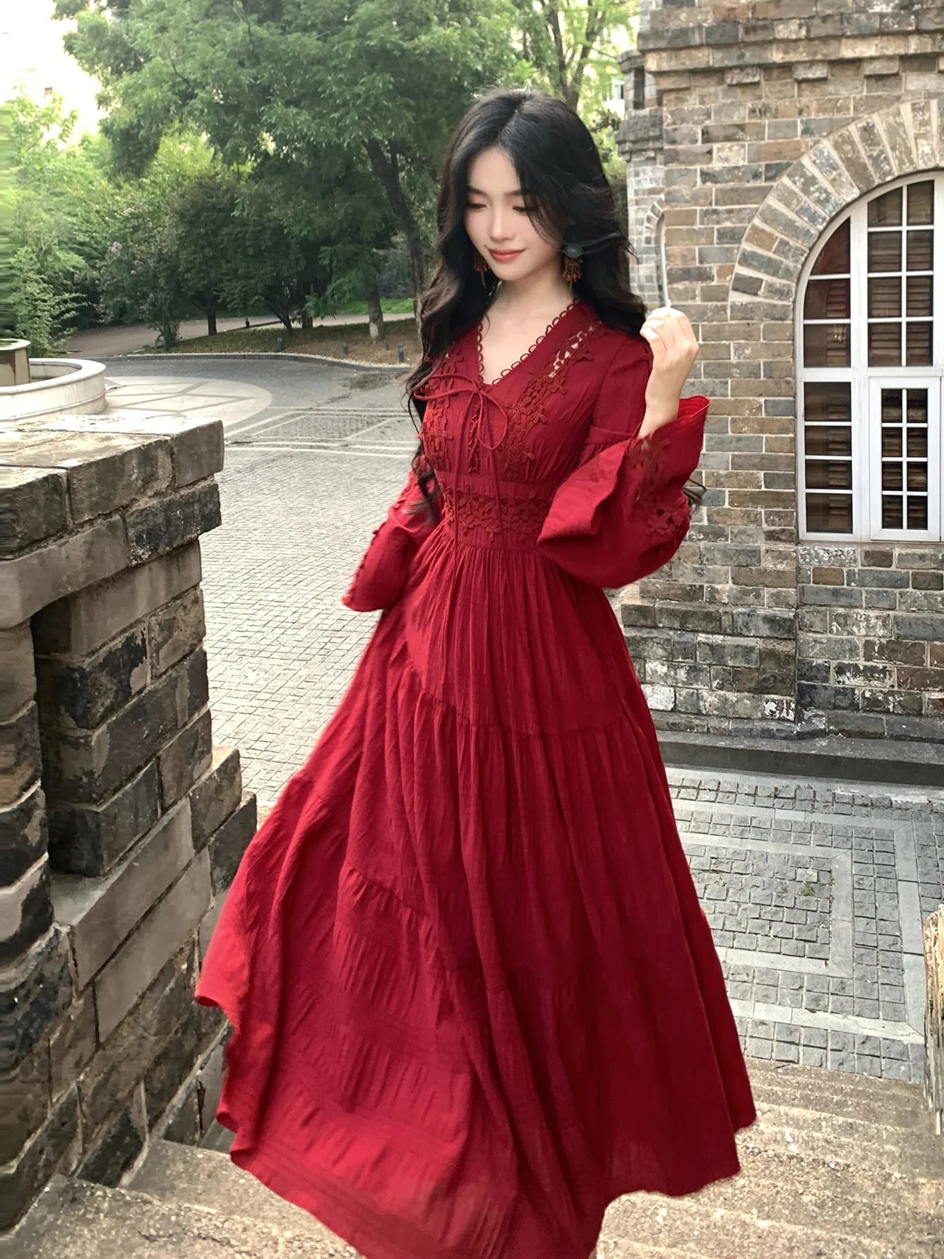 Ruby Elegance Lace-Up Maxi Dress