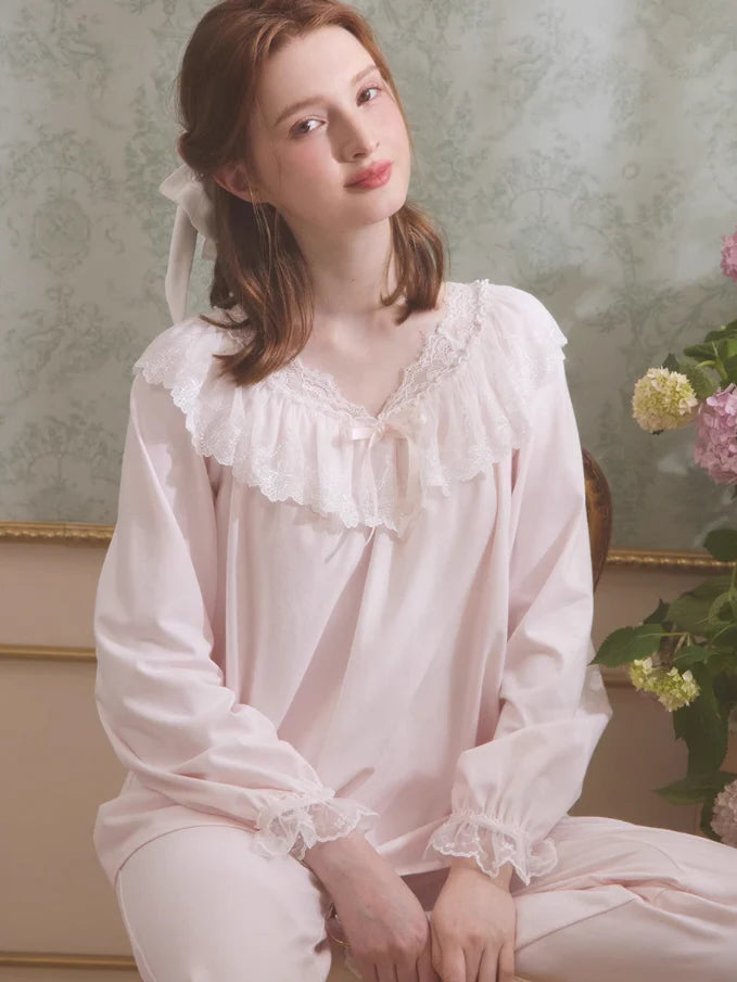 Graceful Lace Trim Cotton Pajama Set