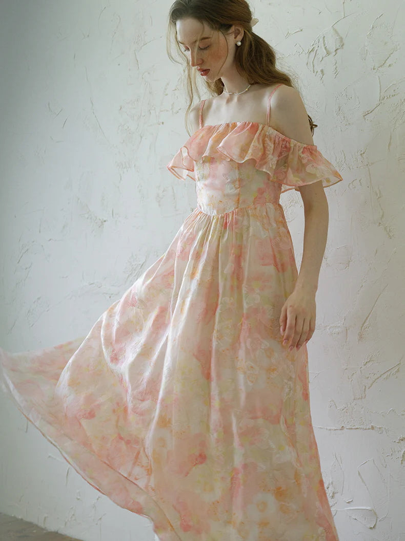 Peach Blossom Off-Shoulder Ruffle Dress