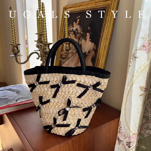 Summer Vacation Straw Ribbon Tote Bag