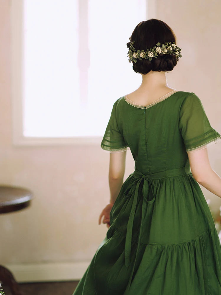 Woodland Green Bow‑Tie Dress