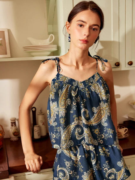 Navy Paisley Tie-Strap Loungewear Set